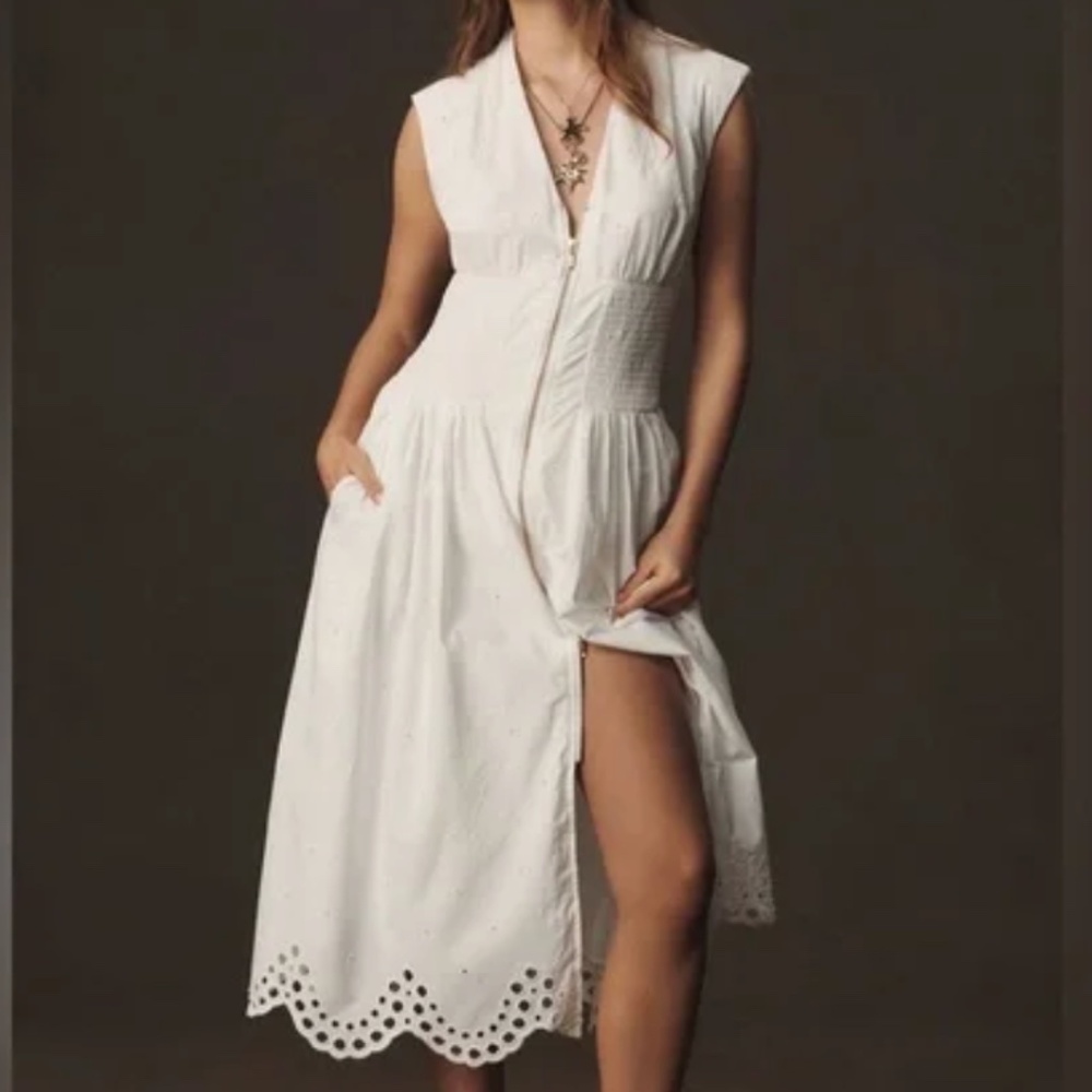 Anthropologie Tommie Cap-Sleeve Smocked FrontZip Shirt Dress:Eyelet Trim NWT